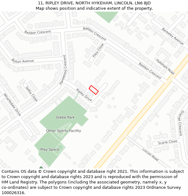 11, RIPLEY DRIVE, NORTH HYKEHAM, LINCOLN, LN6 8JD: Location map and indicative extent of plot