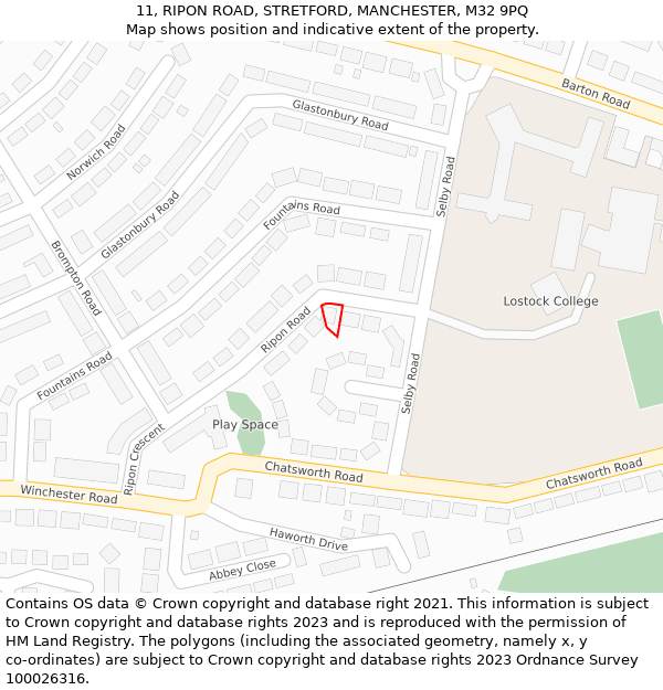 11, RIPON ROAD, STRETFORD, MANCHESTER, M32 9PQ: Location map and indicative extent of plot