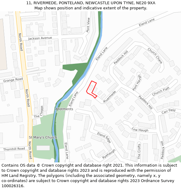 11, RIVERMEDE, PONTELAND, NEWCASTLE UPON TYNE, NE20 9XA: Location map and indicative extent of plot