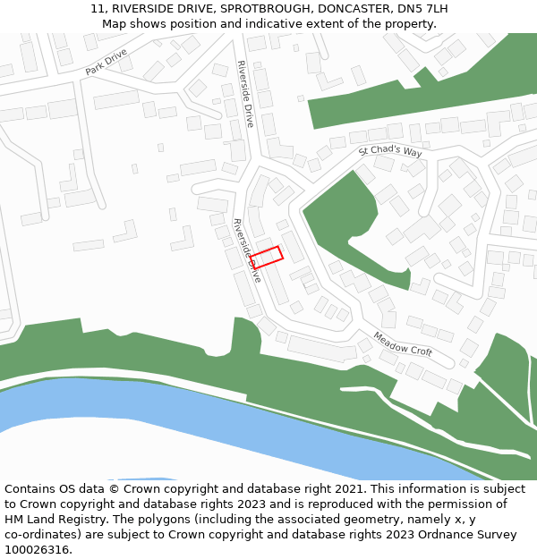 11, RIVERSIDE DRIVE, SPROTBROUGH, DONCASTER, DN5 7LH: Location map and indicative extent of plot