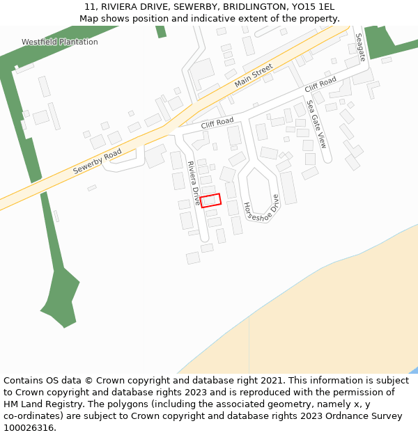 11, RIVIERA DRIVE, SEWERBY, BRIDLINGTON, YO15 1EL: Location map and indicative extent of plot