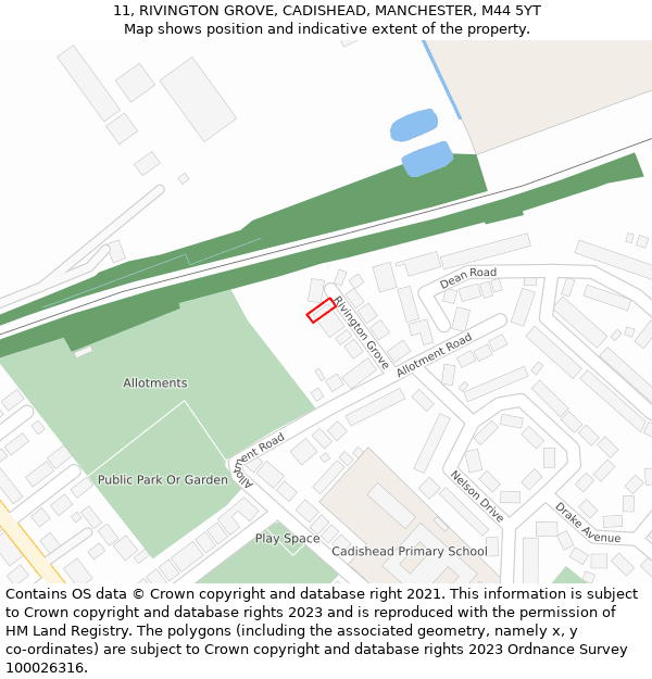 11, RIVINGTON GROVE, CADISHEAD, MANCHESTER, M44 5YT: Location map and indicative extent of plot