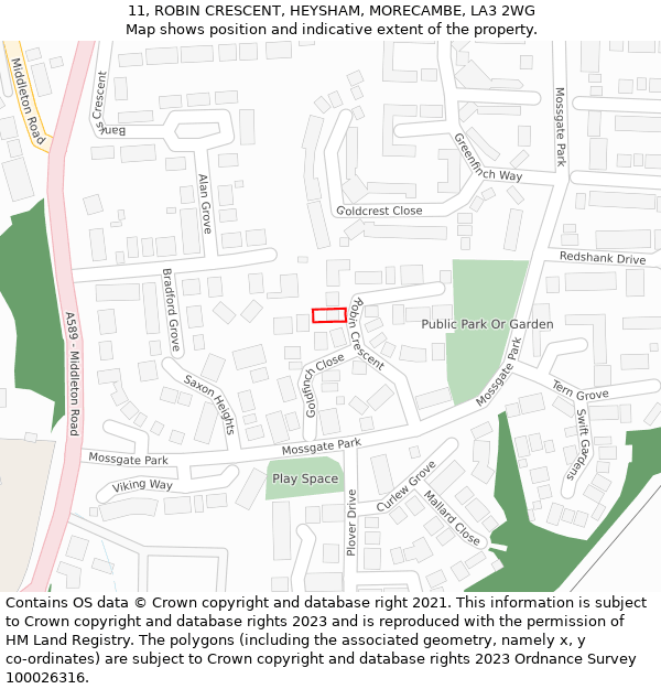 11, ROBIN CRESCENT, HEYSHAM, MORECAMBE, LA3 2WG: Location map and indicative extent of plot