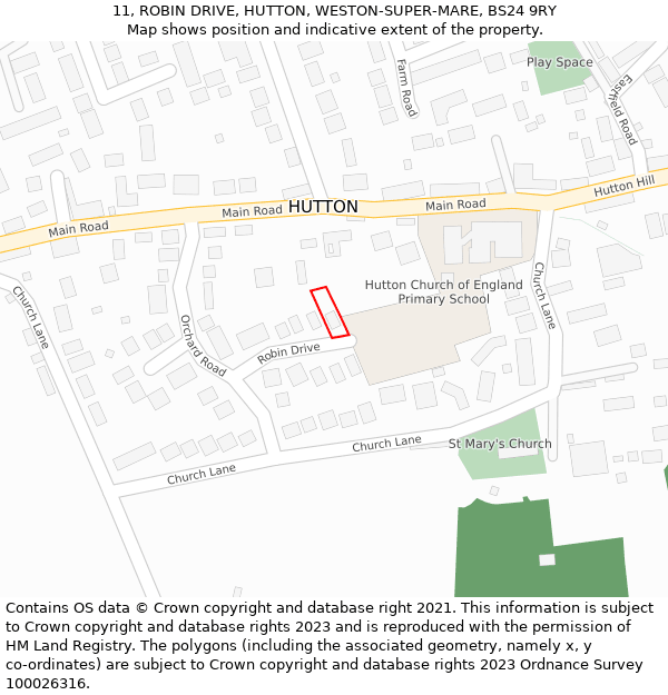 11, ROBIN DRIVE, HUTTON, WESTON-SUPER-MARE, BS24 9RY: Location map and indicative extent of plot