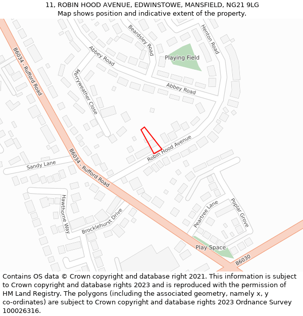 11, ROBIN HOOD AVENUE, EDWINSTOWE, MANSFIELD, NG21 9LG: Location map and indicative extent of plot