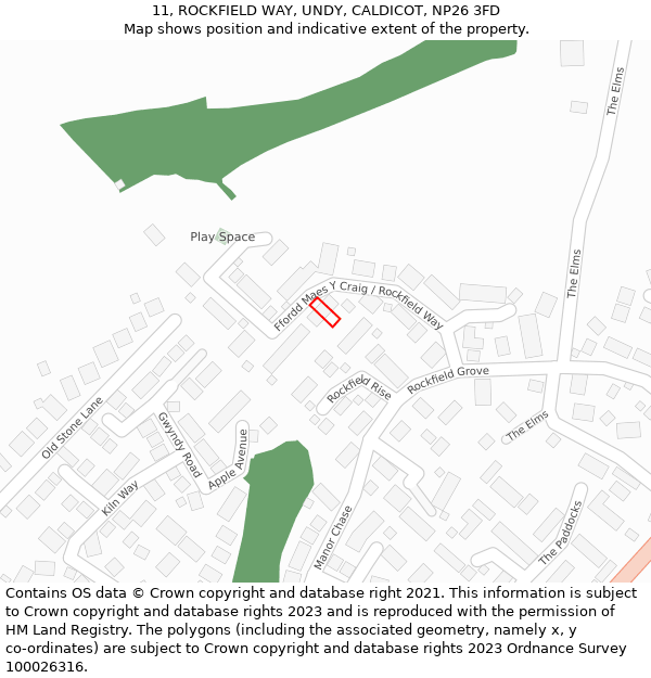 11, ROCKFIELD WAY, UNDY, CALDICOT, NP26 3FD: Location map and indicative extent of plot