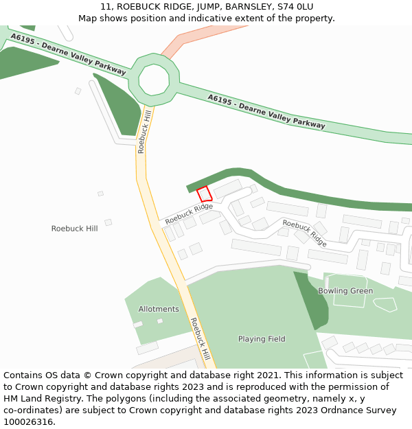 11, ROEBUCK RIDGE, JUMP, BARNSLEY, S74 0LU: Location map and indicative extent of plot