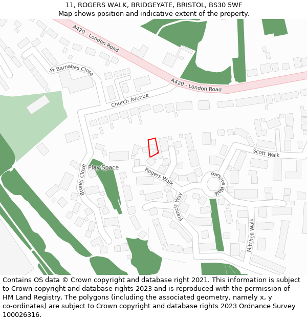 11, ROGERS WALK, BRIDGEYATE, BRISTOL, BS30 5WF: Location map and indicative extent of plot