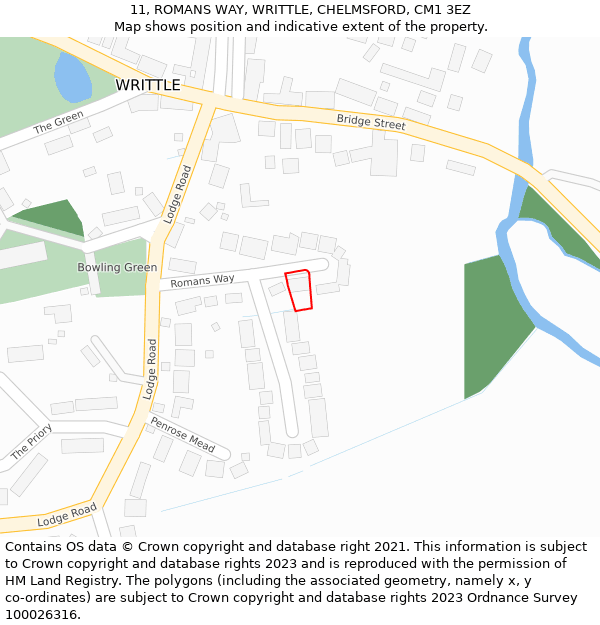 11, ROMANS WAY, WRITTLE, CHELMSFORD, CM1 3EZ: Location map and indicative extent of plot