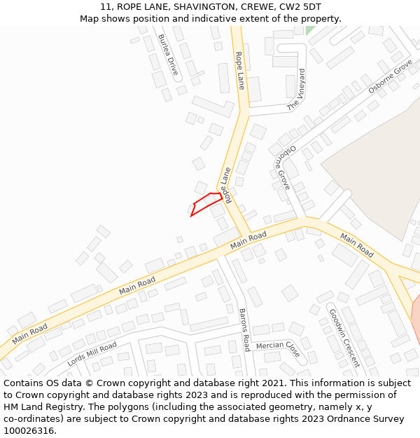 11, ROPE LANE, SHAVINGTON, CREWE, CW2 5DT: Location map and indicative extent of plot