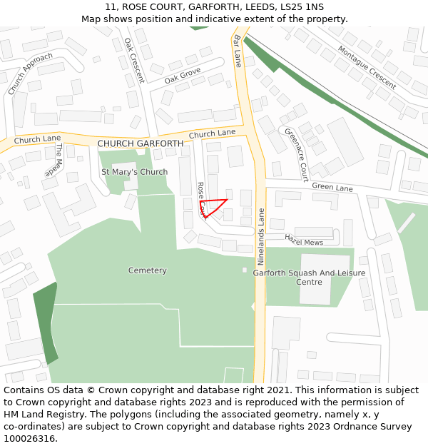 11, ROSE COURT, GARFORTH, LEEDS, LS25 1NS: Location map and indicative extent of plot