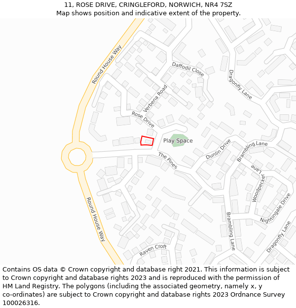 11, ROSE DRIVE, CRINGLEFORD, NORWICH, NR4 7SZ: Location map and indicative extent of plot