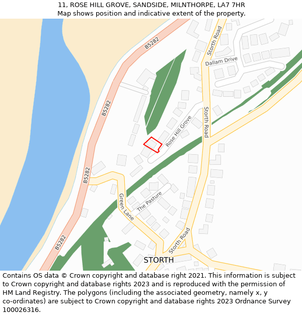 11, ROSE HILL GROVE, SANDSIDE, MILNTHORPE, LA7 7HR: Location map and indicative extent of plot