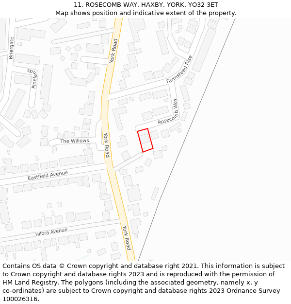 11, ROSECOMB WAY, HAXBY, YORK, YO32 3ET: Location map and indicative extent of plot