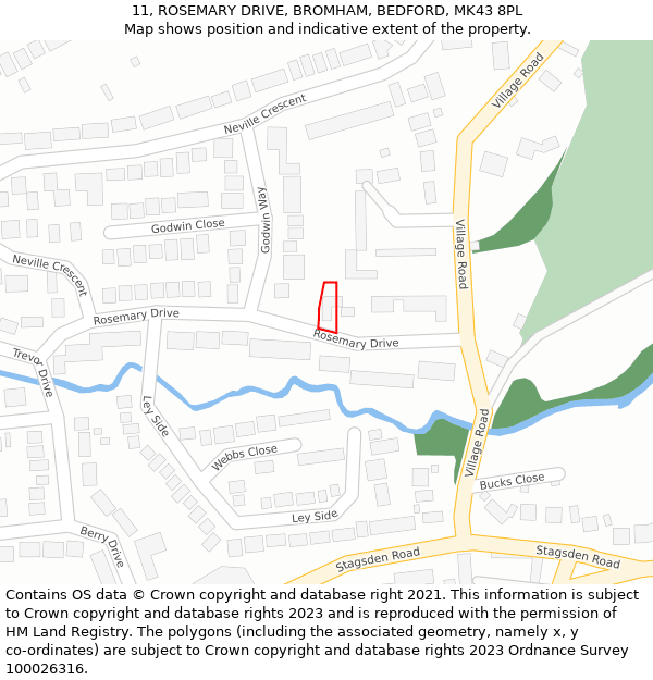 11, ROSEMARY DRIVE, BROMHAM, BEDFORD, MK43 8PL: Location map and indicative extent of plot