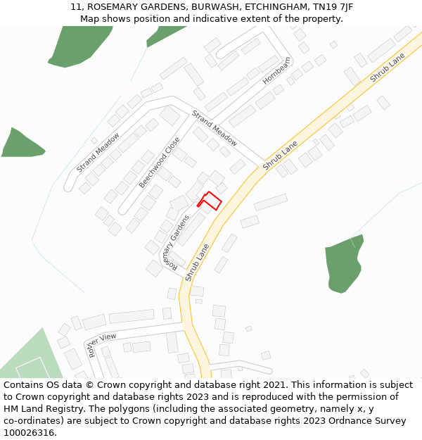 11, ROSEMARY GARDENS, BURWASH, ETCHINGHAM, TN19 7JF: Location map and indicative extent of plot