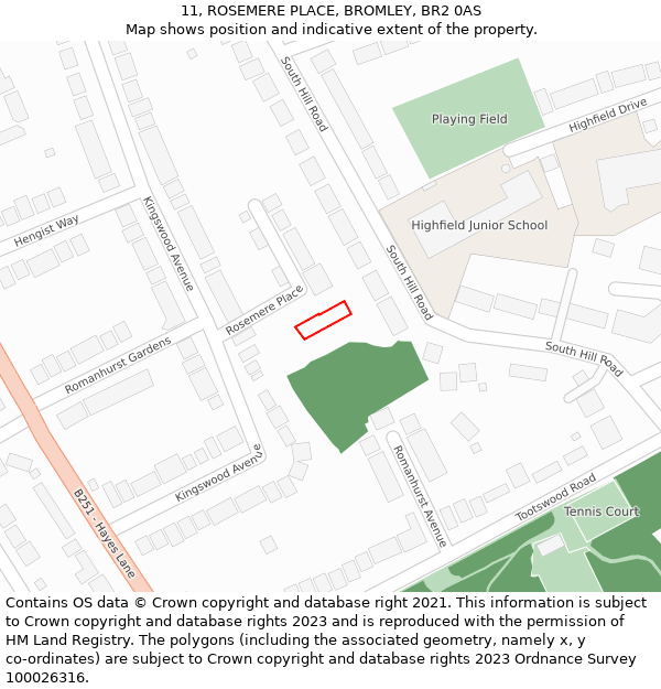 11, ROSEMERE PLACE, BROMLEY, BR2 0AS: Location map and indicative extent of plot