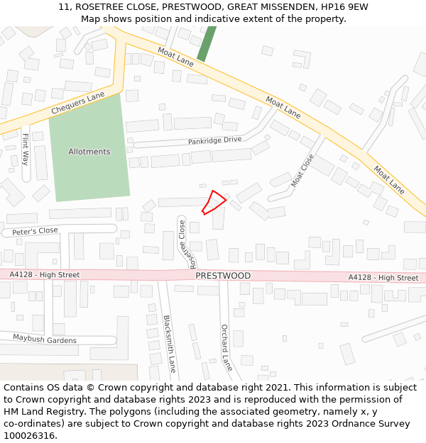 11, ROSETREE CLOSE, PRESTWOOD, GREAT MISSENDEN, HP16 9EW: Location map and indicative extent of plot