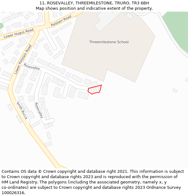 11, ROSEVALLEY, THREEMILESTONE, TRURO, TR3 6BH: Location map and indicative extent of plot