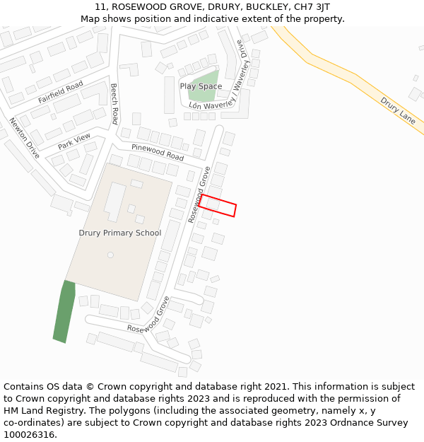 11, ROSEWOOD GROVE, DRURY, BUCKLEY, CH7 3JT: Location map and indicative extent of plot