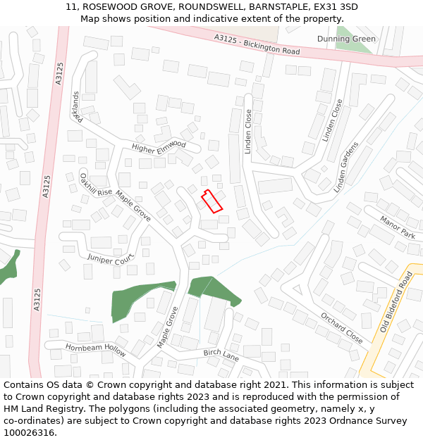 11, ROSEWOOD GROVE, ROUNDSWELL, BARNSTAPLE, EX31 3SD: Location map and indicative extent of plot