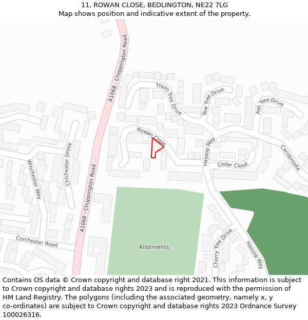 11, ROWAN CLOSE, BEDLINGTON, NE22 7LG: Location map and indicative extent of plot