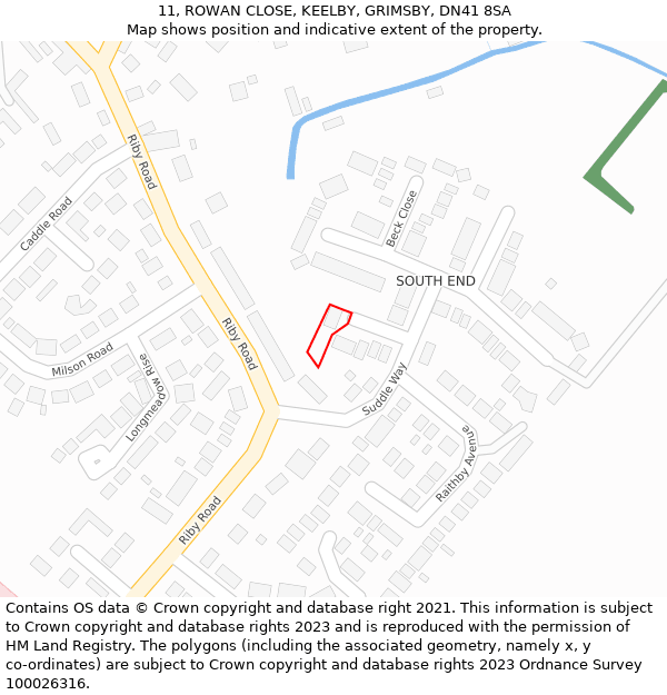 11, ROWAN CLOSE, KEELBY, GRIMSBY, DN41 8SA: Location map and indicative extent of plot