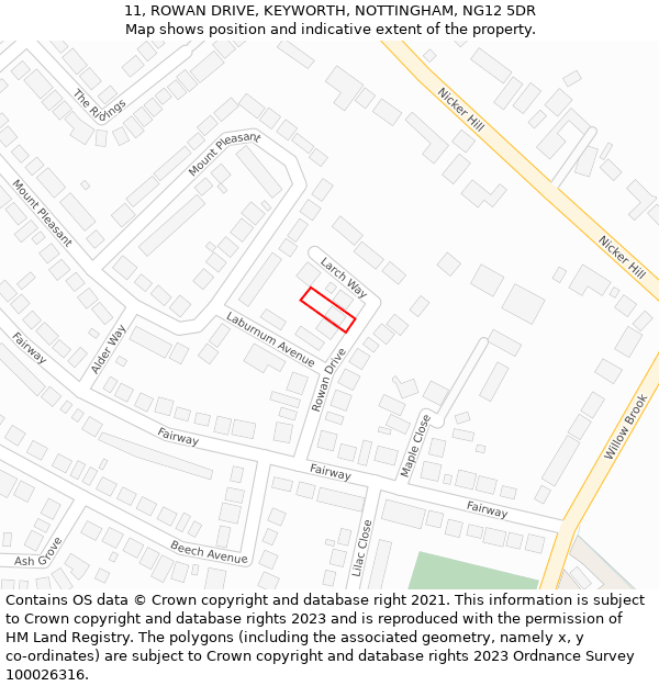 11, ROWAN DRIVE, KEYWORTH, NOTTINGHAM, NG12 5DR: Location map and indicative extent of plot