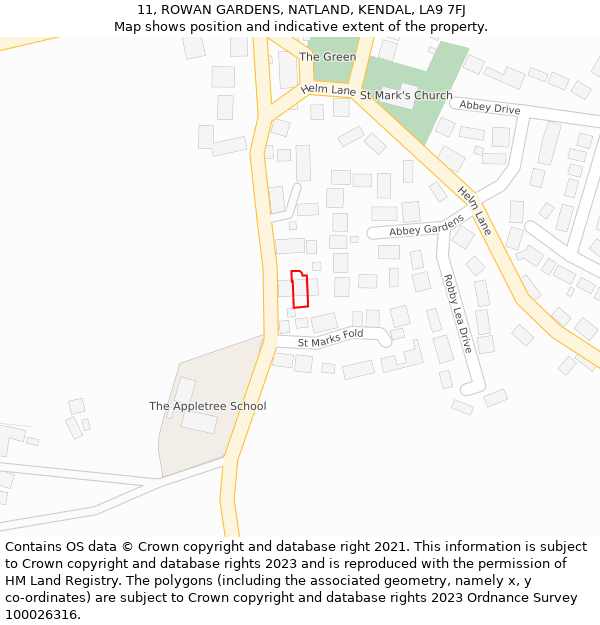 11, ROWAN GARDENS, NATLAND, KENDAL, LA9 7FJ: Location map and indicative extent of plot