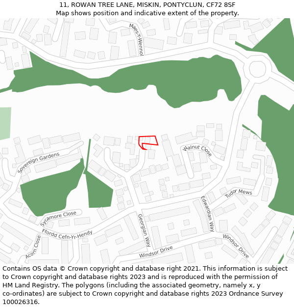 11, ROWAN TREE LANE, MISKIN, PONTYCLUN, CF72 8SF: Location map and indicative extent of plot