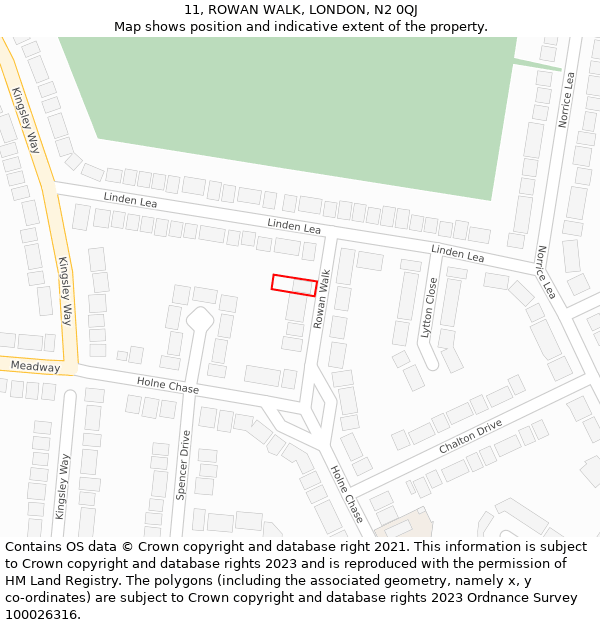 11, ROWAN WALK, LONDON, N2 0QJ: Location map and indicative extent of plot