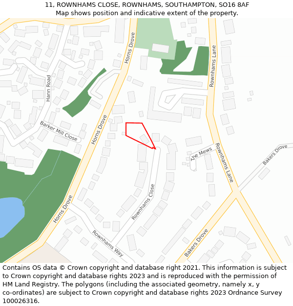 11, ROWNHAMS CLOSE, ROWNHAMS, SOUTHAMPTON, SO16 8AF: Location map and indicative extent of plot