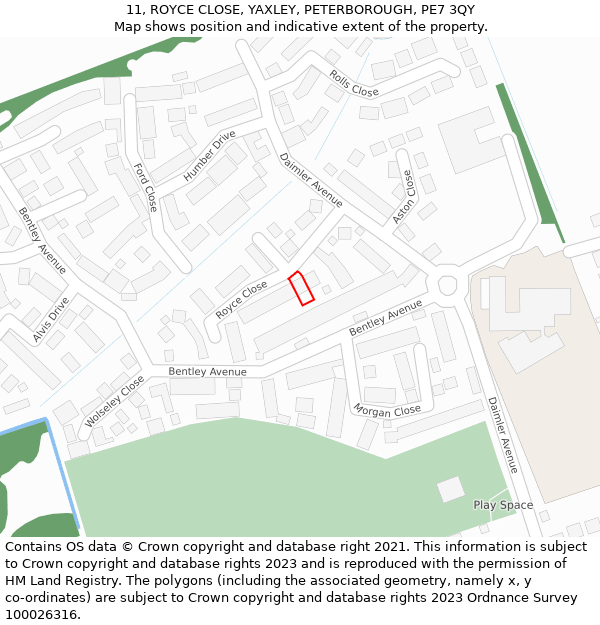 11, ROYCE CLOSE, YAXLEY, PETERBOROUGH, PE7 3QY: Location map and indicative extent of plot