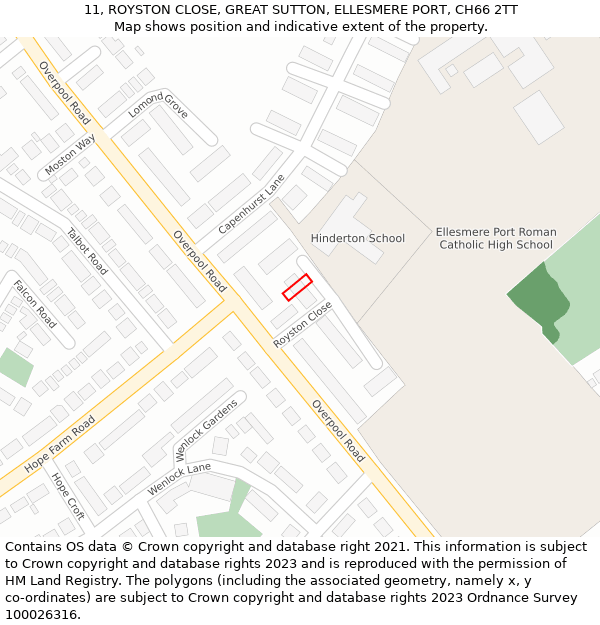 11, ROYSTON CLOSE, GREAT SUTTON, ELLESMERE PORT, CH66 2TT: Location map and indicative extent of plot