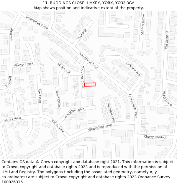 11, RUDDINGS CLOSE, HAXBY, YORK, YO32 3GA: Location map and indicative extent of plot