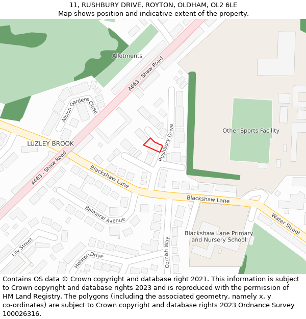 11, RUSHBURY DRIVE, ROYTON, OLDHAM, OL2 6LE: Location map and indicative extent of plot