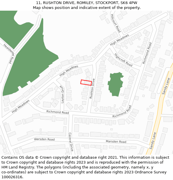 11, RUSHTON DRIVE, ROMILEY, STOCKPORT, SK6 4PW: Location map and indicative extent of plot