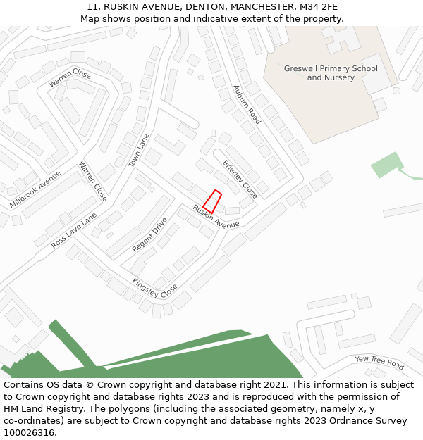 11, RUSKIN AVENUE, DENTON, MANCHESTER, M34 2FE: Location map and indicative extent of plot