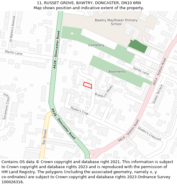 11, RUSSET GROVE, BAWTRY, DONCASTER, DN10 6RN: Location map and indicative extent of plot