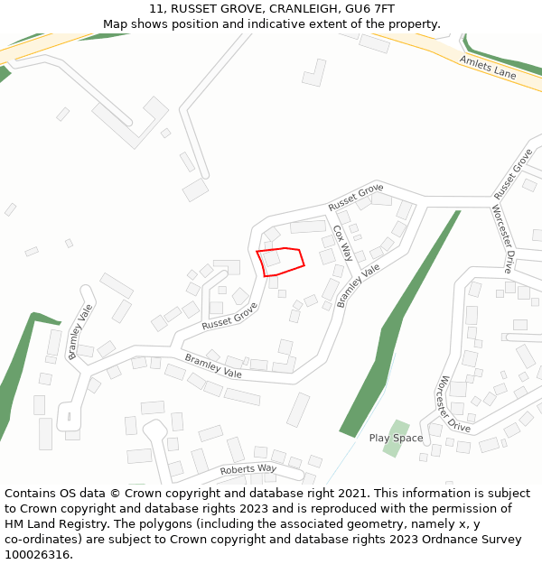 11, RUSSET GROVE, CRANLEIGH, GU6 7FT: Location map and indicative extent of plot