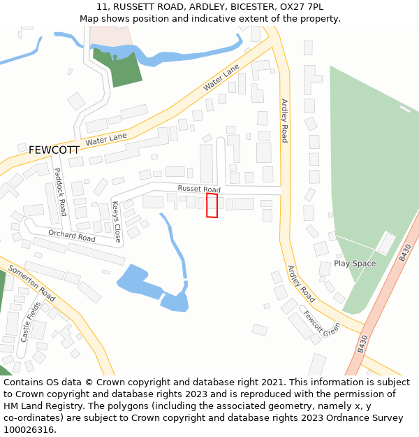 11, RUSSETT ROAD, ARDLEY, BICESTER, OX27 7PL: Location map and indicative extent of plot