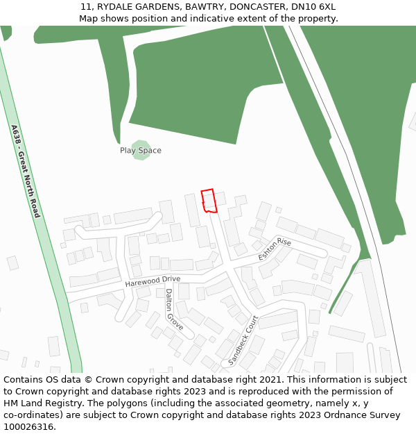 11, RYDALE GARDENS, BAWTRY, DONCASTER, DN10 6XL: Location map and indicative extent of plot