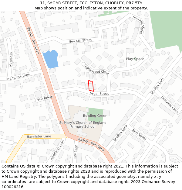 11, SAGAR STREET, ECCLESTON, CHORLEY, PR7 5TA: Location map and indicative extent of plot