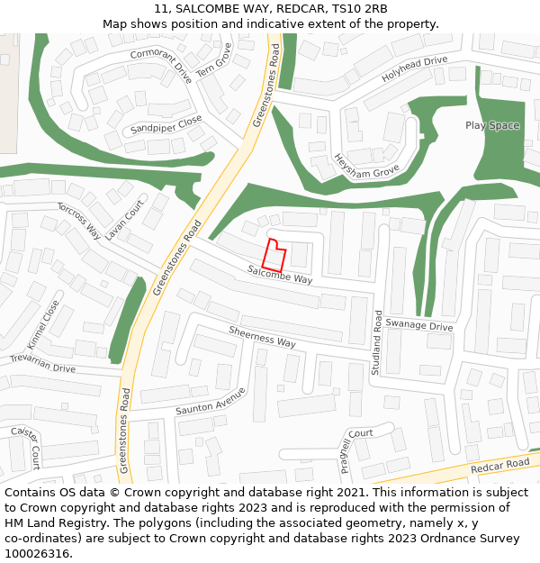 11, SALCOMBE WAY, REDCAR, TS10 2RB: Location map and indicative extent of plot