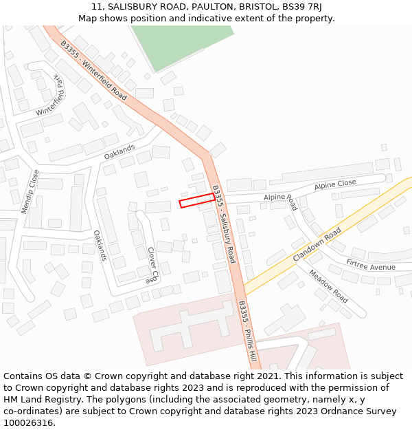 11, SALISBURY ROAD, PAULTON, BRISTOL, BS39 7RJ: Location map and indicative extent of plot