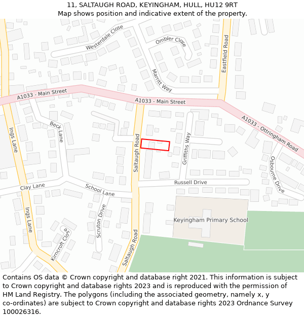 11, SALTAUGH ROAD, KEYINGHAM, HULL, HU12 9RT: Location map and indicative extent of plot