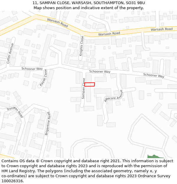 11, SAMPAN CLOSE, WARSASH, SOUTHAMPTON, SO31 9BU: Location map and indicative extent of plot