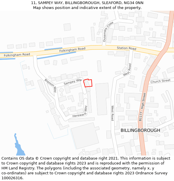 11, SAMPEY WAY, BILLINGBOROUGH, SLEAFORD, NG34 0NN: Location map and indicative extent of plot