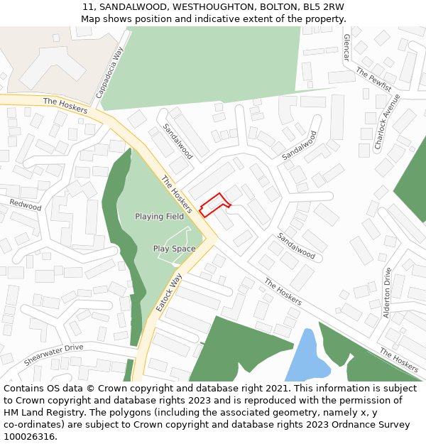 11, SANDALWOOD, WESTHOUGHTON, BOLTON, BL5 2RW: Location map and indicative extent of plot