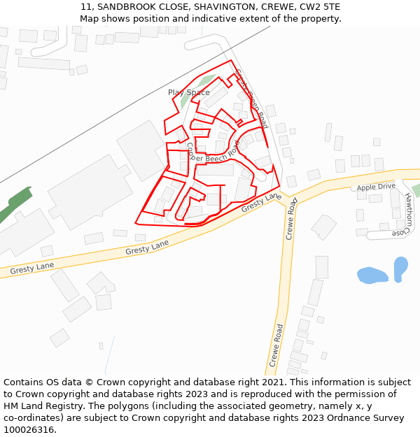 11, SANDBROOK CLOSE, SHAVINGTON, CREWE, CW2 5TE: Location map and indicative extent of plot